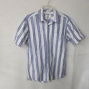 Bugatchi Men's White Blue Striped Short Sleeve Shaped Fit Button Up Shirt L